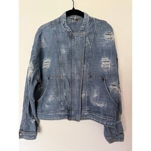 Free People Distressed Denim Jean Tennis Jacket Size XS